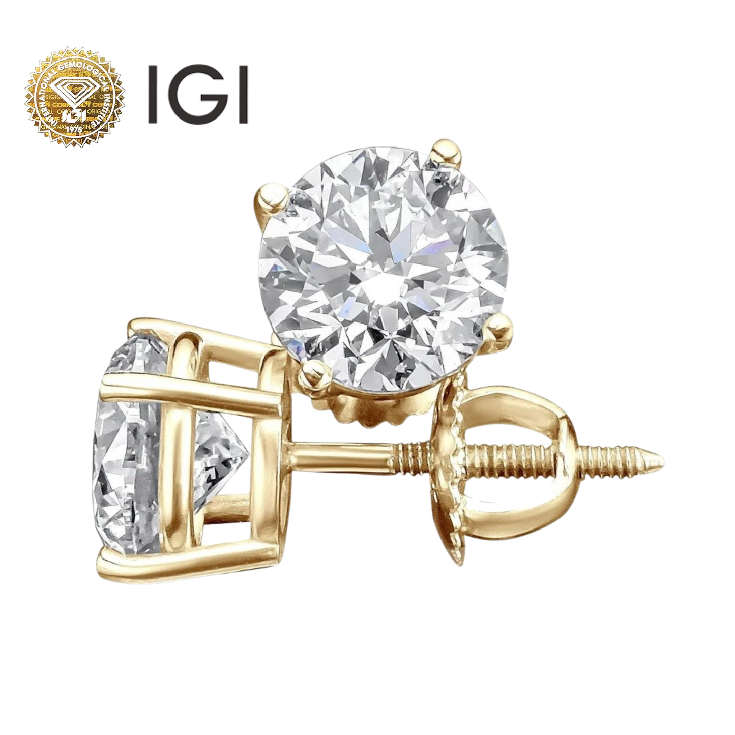 IGI Certified 4 Ct Lab Grown Diamond Solitaire Stud Earrings In 14k Gold With Screw Back Diamond Color- E-F/ VS1-VS2
