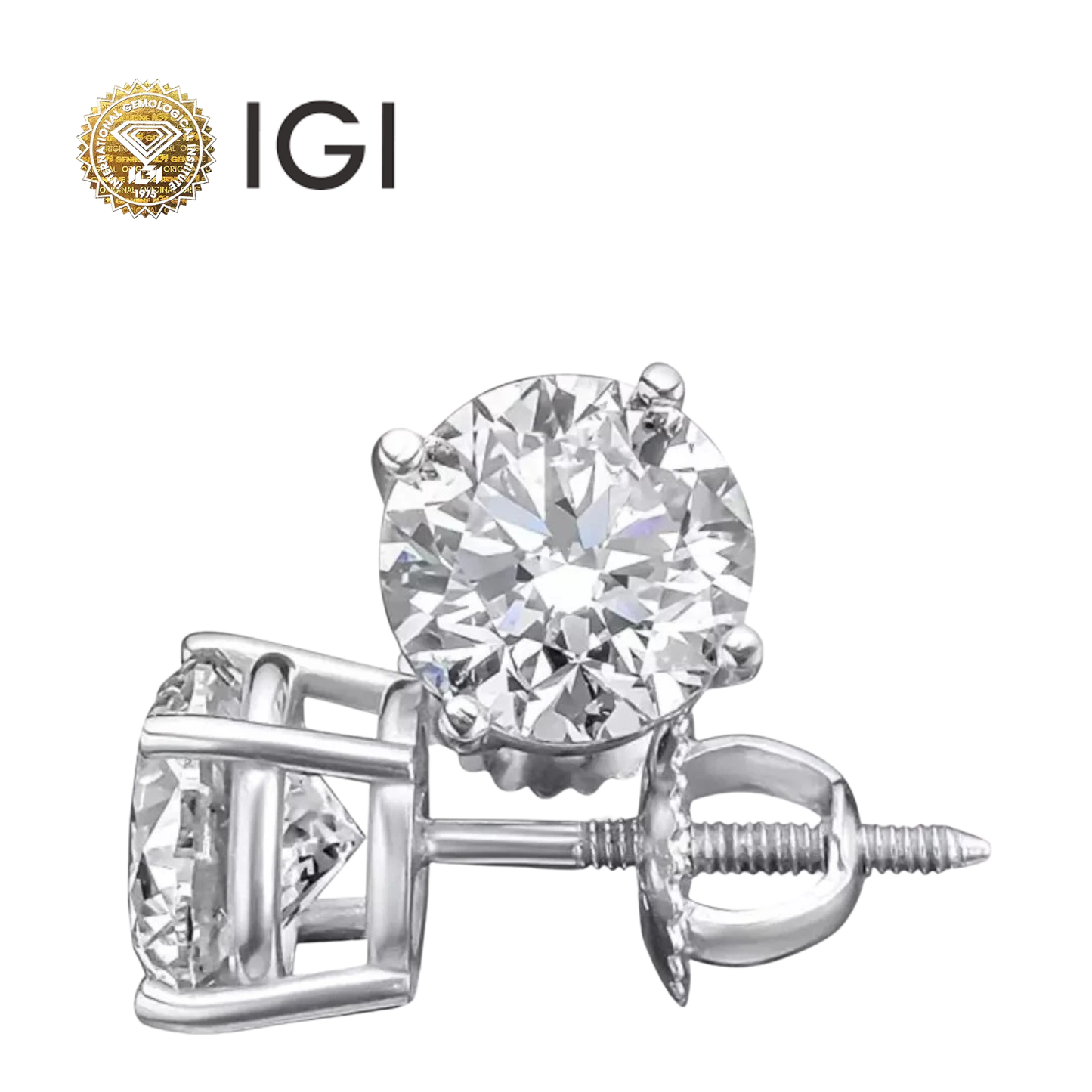 IGI Certified 4 Ct Lab Grown Diamond Solitaire Stud Earrings In 14k Gold With Screw Back Diamond Color- E-F/ VS1-VS2