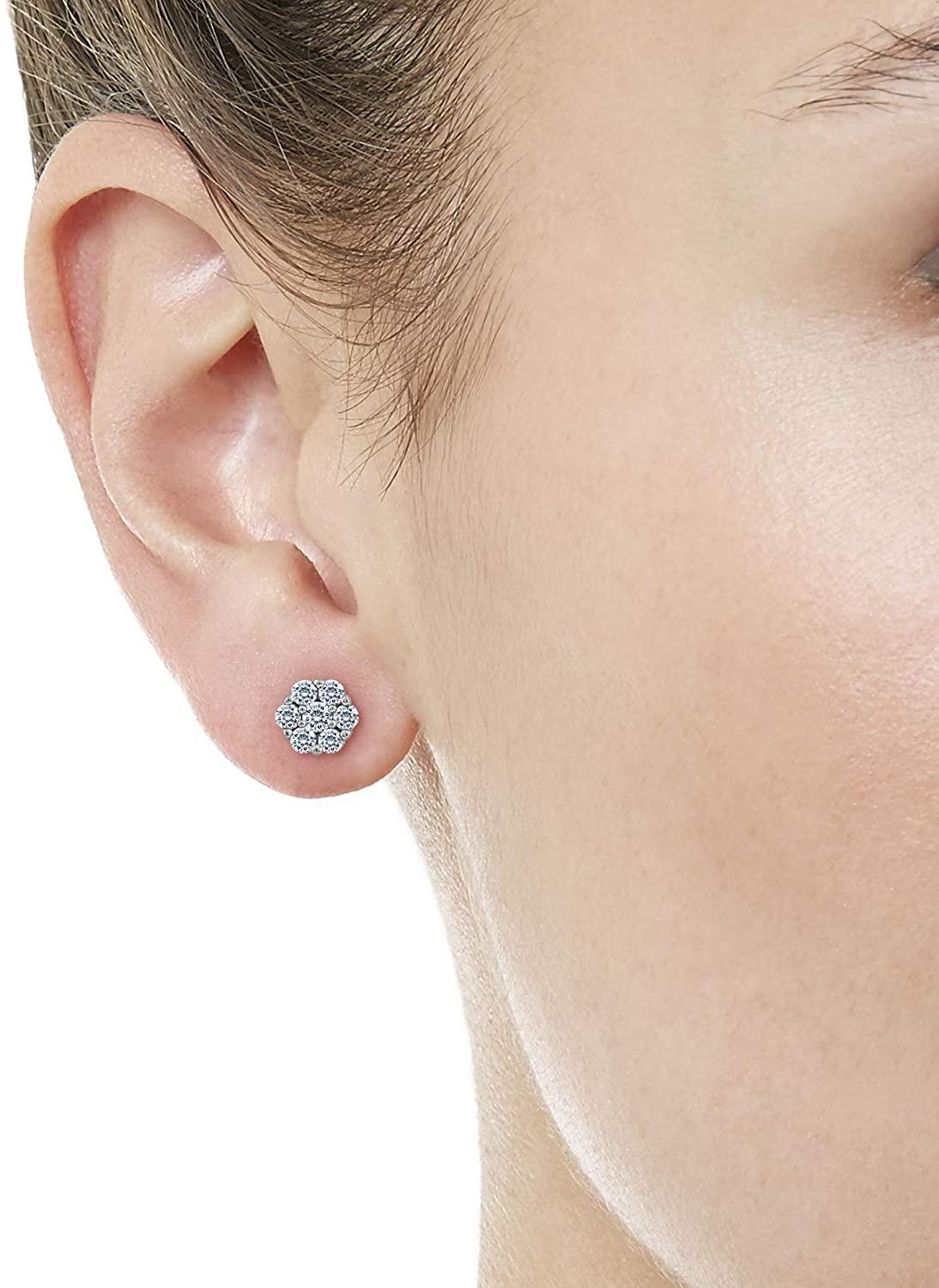 0.23 Carat Diamond Flower Cluster Stud Earrings In 14K White Gold (0.23 Ctw, I-J Color, I2-I3 Clarity) Prongs-Setting, Screw-Back Clasps