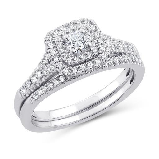EternalDia 0.50 Ct.Wt. Round Diamond Square Shape Double Halo Bridal Set 10K White Gold. - EternalDia