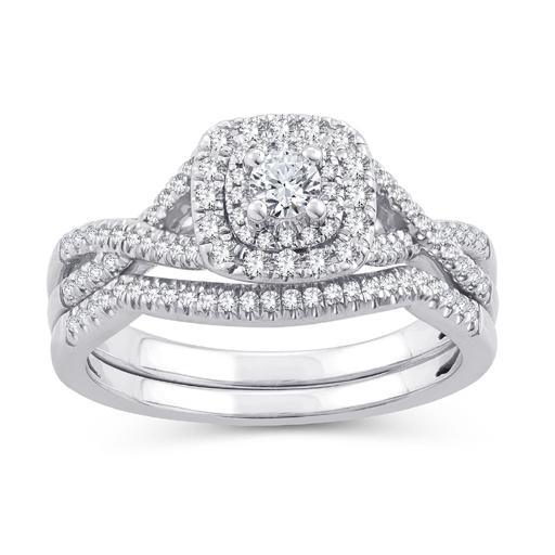 EternalDia 0.50 Ct.Wt. Round Diamond Halo Cushion Twisted Split Shank Bridal Set 10K White Gold (IJ/I2-I3) - EternalDia