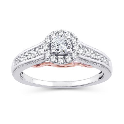 EternalDia 0.50 Ct.Wt. Two-Tone Round Diamond Halo Cathedral Engagement Ring in 10K White Gold (IJ/I2-I3) - EternalDia
