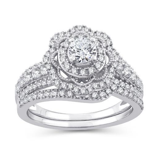 EternalDia 1 Cttw Diamond Floral Halo Bridal Set In 10kt White Gold (IJ/I2I3) - EternalDia
