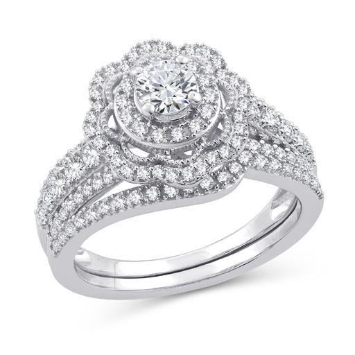 EternalDia 1 Cttw Diamond Floral Halo Bridal Set In 10kt White Gold (IJ/I2I3) - EternalDia