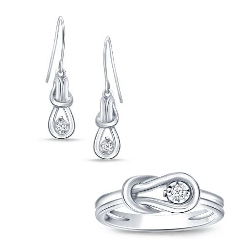 EternalDia Real Diamond Love Knot Earring and Ring Ensemble Set in 925 Sterling Silver. - EternalDia