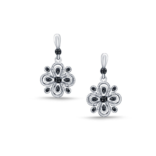EternalDia Enhanced Black Diamond Accent Clover Shaped Flower Dangle Earrings in Sterling Silver - EternalDia