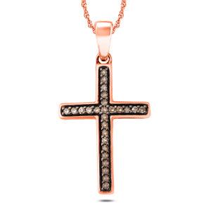 EternalDia Round Cut Champagne Diamond Cross Pendant Necklace in 10k Rose Gold (1/6cttw, IJ, I2-I3) 18" - EternalDia