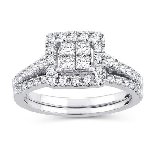 EternalDia 1 Cttw Diamond Princess-Cut Square Frame Halo Bridal Set In 10kt White Gold (IJ/I2I3) - EternalDia