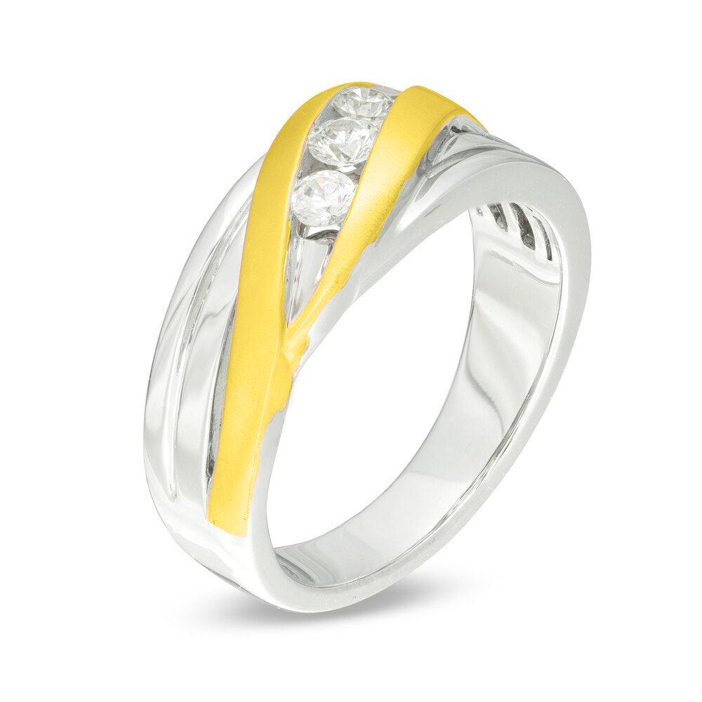 1/3 Cttw Diamond Three Stone Bypass Wedding Band Ring For Men In 10K Yellow Gold (0.33 Cttw, I-I3) Diamond Wedding Band Ring