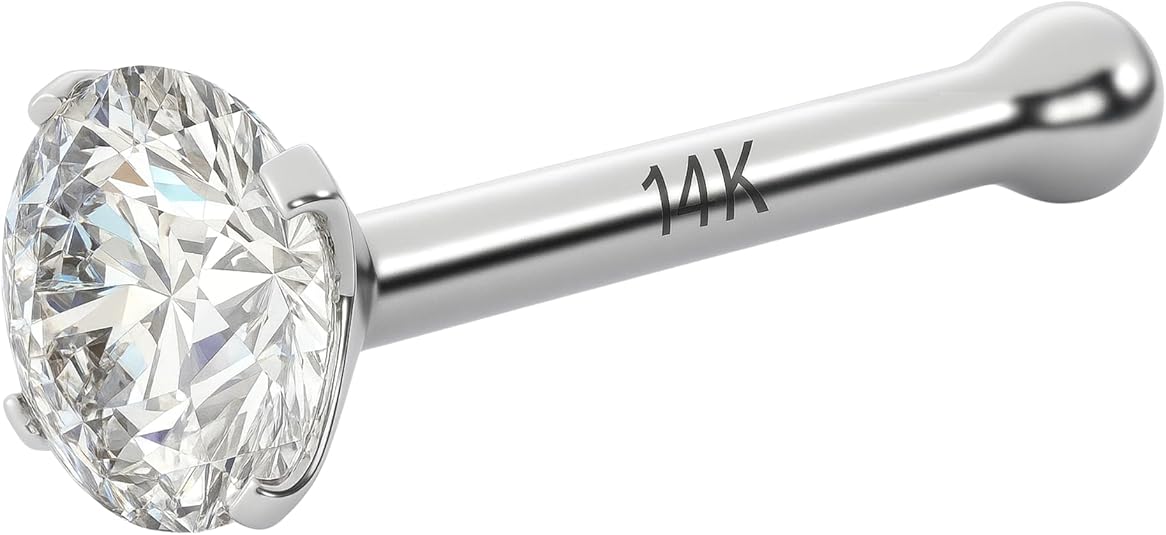 0.03Ct IGI Certified Real Diamond Nose Stud With Ball Barbell 14K Gold Nose Stud in 20 Gauge / Diamond Nose Ring Bone For Women/ Diamond Color-I-J, Diamond Clarity- I2-I3