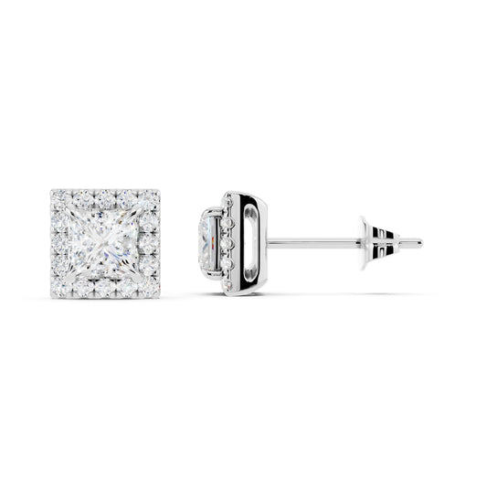 IGI Certified Princess Shape Halo Lab Grown Diamond Stud Earrings 14K Gold Or 925 Sterling Silver 0.99 Carat EF Color VS Clarity