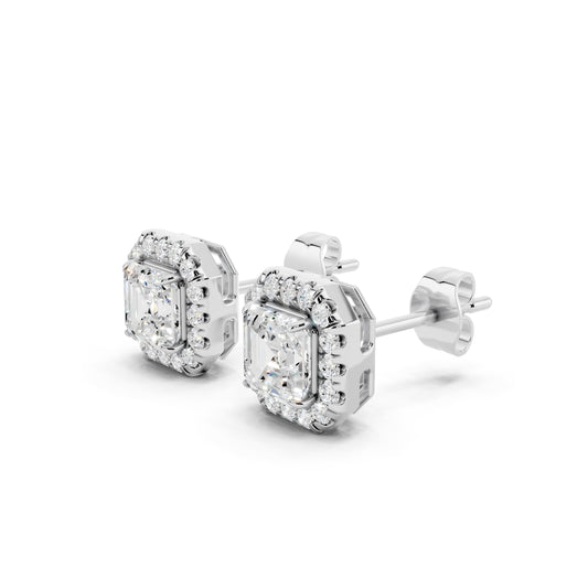 IGI Certified Asscher Shape Halo Lab Grown Diamond Stud Earrings 14K Gold Or 925 Sterling Silver 0.99 Carat - 1 Carat EF Color VS Clarity