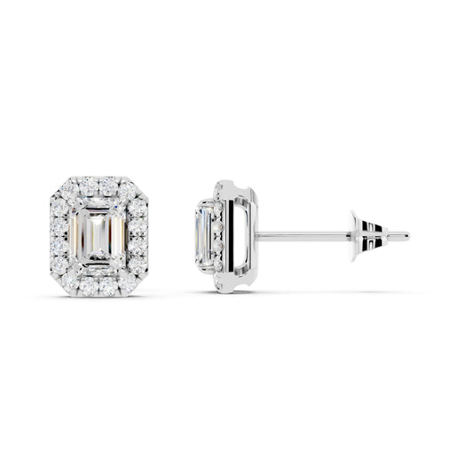 IGI Certified Emerald Shape Halo Lab Grown Diamond Stud Earrings 14K Gold Or 925 Sterling Silver 0.99 Carat EF Color VS Clarity