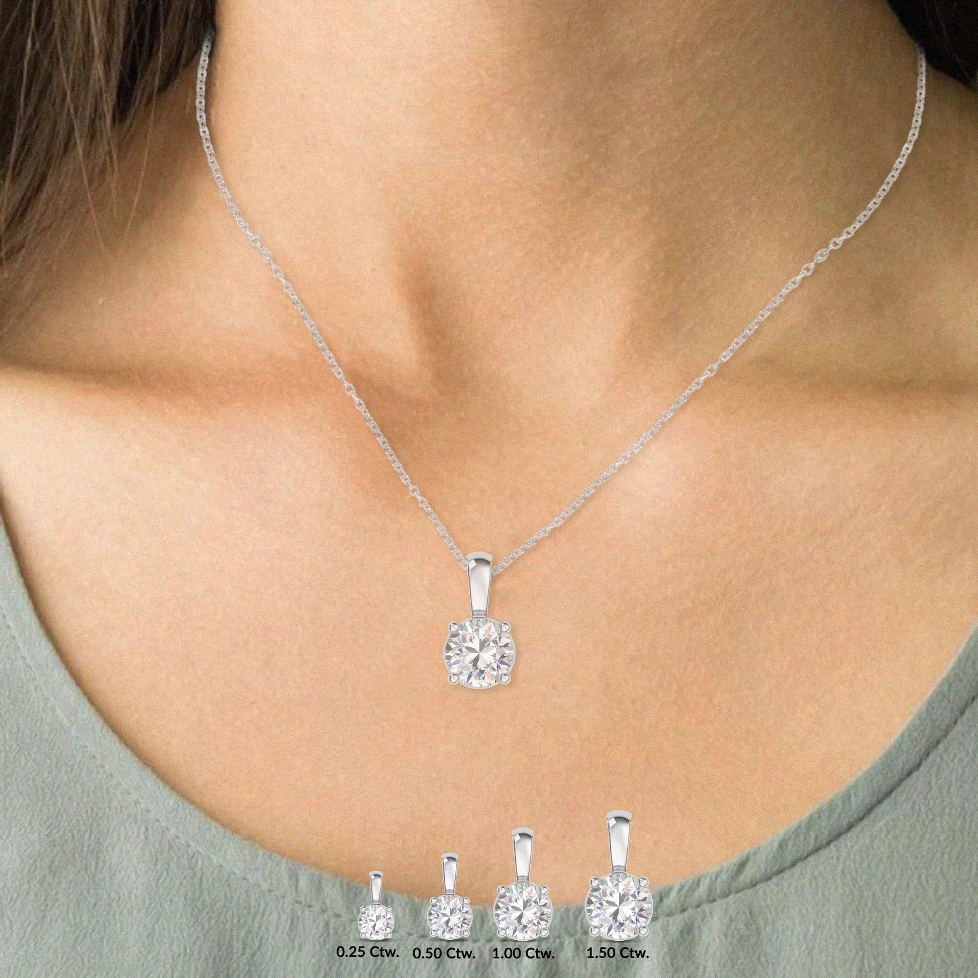 IGI Certified 1 Ct Diamond Color/Clarity F-VS2, Silver 4 Prong Set Round-cut Lab Grown Diamond Solitaire Necklace Pendant Chain in a girls neck with carat size comparison