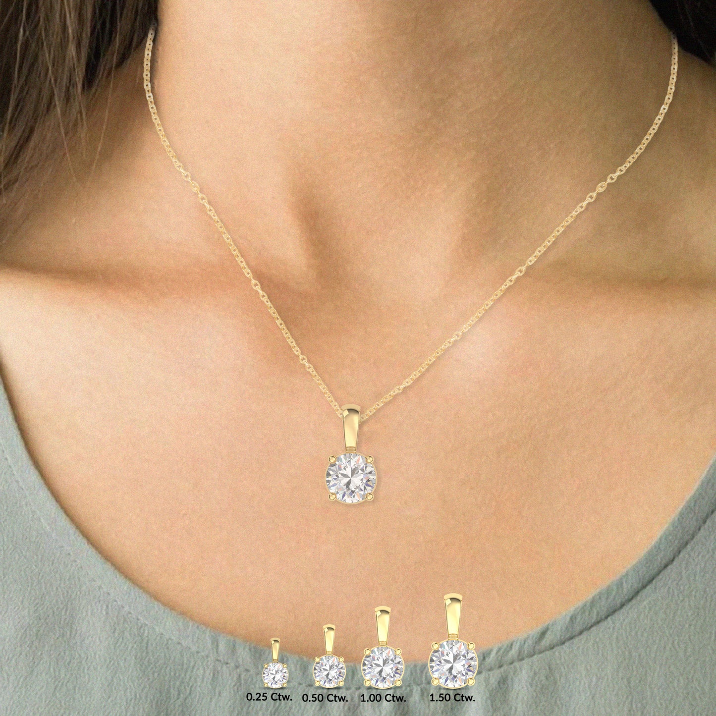 1 Ct Diamond Color/Clarity F-VS2, 14K Gold 4 Prong Set Round-cut Lab Grown Diamond Solitaire Necklace Pendant Chain in a girls neck