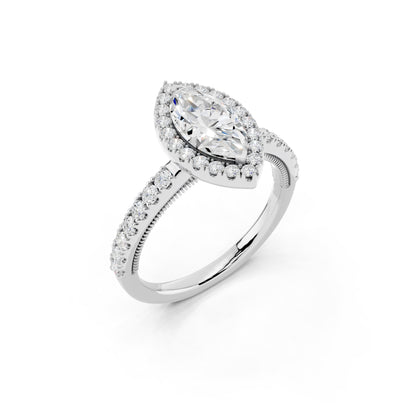 IGI Certified Lab Grown Diamond Halo Engagement Ring for Women – 1.40 Carat Marquise Cut, 14K Gold & 925 Sterling Silver, EF Color VS Clarity, Round Halo Setting, Fine Jewelry Gift