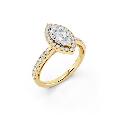 IGI Certified Lab Grown Diamond Halo Engagement Ring for Women – 1.40 Carat Marquise Cut, 14K Gold & 925 Sterling Silver, EF Color VS Clarity, Round Halo Setting, Fine Jewelry Gift