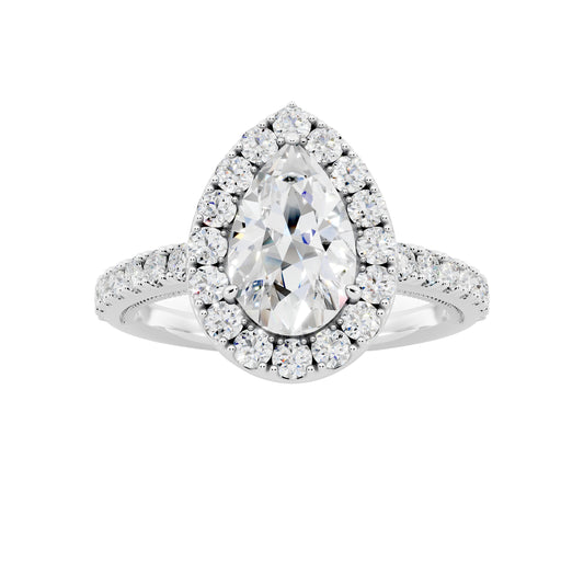 IGI Certified Lab Grown Diamond Halo Engagement Ring for Women – 1.50 Carat Pear Cut, 14K Gold & 925 Sterling Silver, EF Color VS Clarity, Round Halo Setting, Fine Jewelry Gift