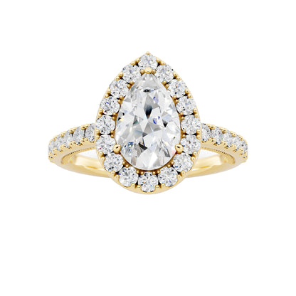 IGI Certified Lab Grown Diamond Halo Engagement Ring for Women – 1.50 Carat Pear Cut, 14K Gold & 925 Sterling Silver, EF Color VS Clarity, Round Halo Setting, Fine Jewelry Gift