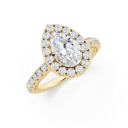 IGI Certified Lab Grown Diamond Halo Engagement Ring for Women – 1.50 Carat Pear Cut, 14K Gold & 925 Sterling Silver, EF Color VS Clarity, Round Halo Setting, Fine Jewelry Gift
