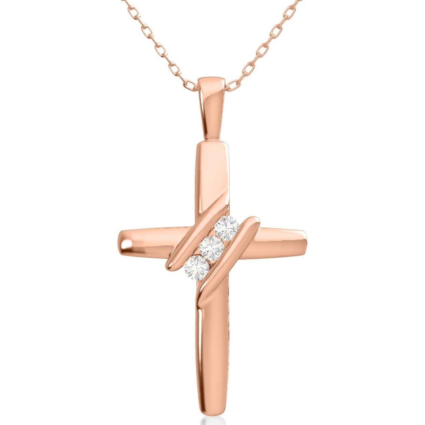 10k Diamond Three-Stone Cross Pendant Necklace Religious Jewelry (0.05cttw, I-J/I2-I3) 18inch
