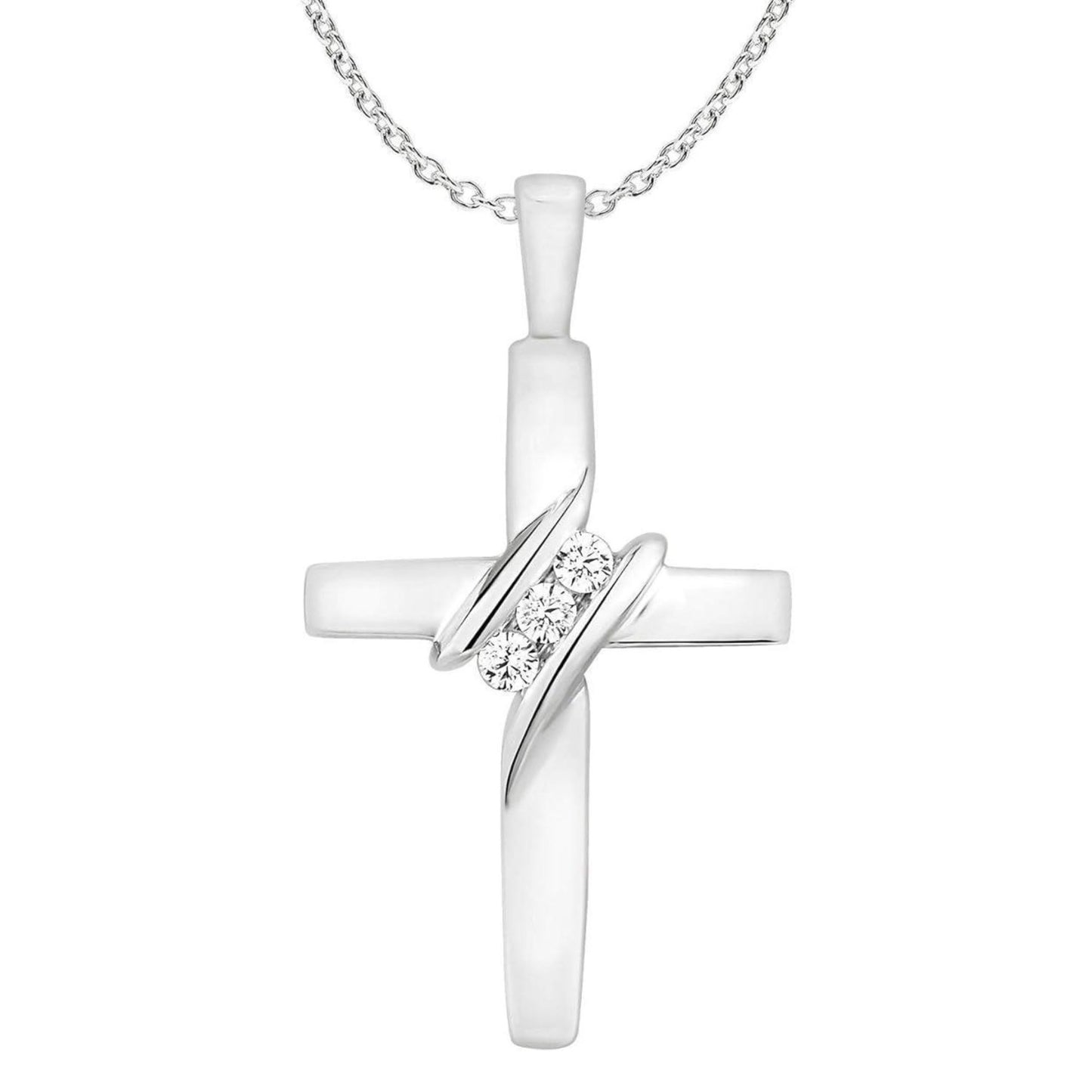 10k Diamond Three-Stone Cross Pendant Necklace Religious Jewelry (0.05cttw, I-J/I2-I3) 18inch