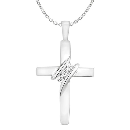 10k Diamond Three-Stone Cross Pendant Necklace Religious Jewelry (0.05cttw, I-J/I2-I3) 18inch