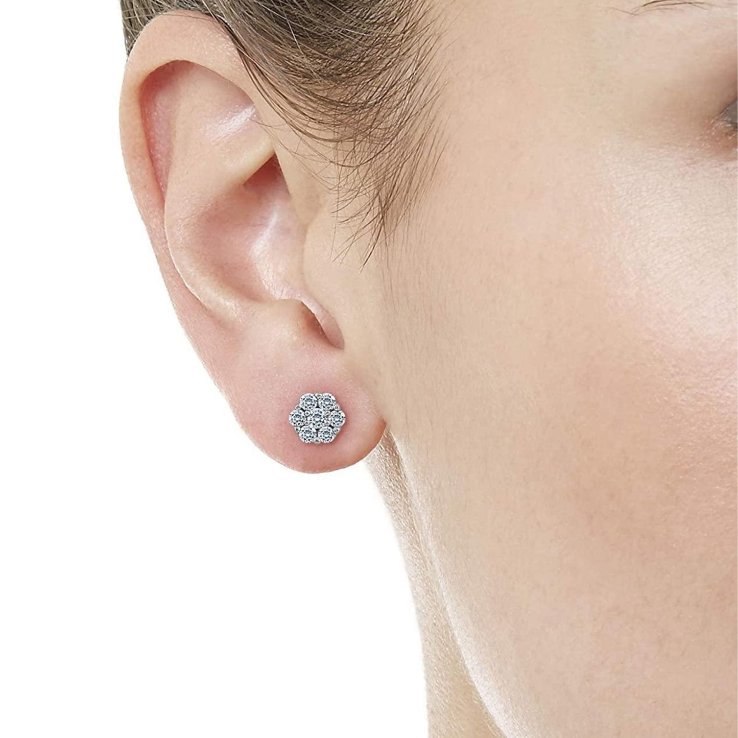 0.23 Carat Diamond Flower Cluster Stud Earrings In 14K White Gold (0.23 Ctw, I-J Color, I2-I3 Clarity) on a girls ear