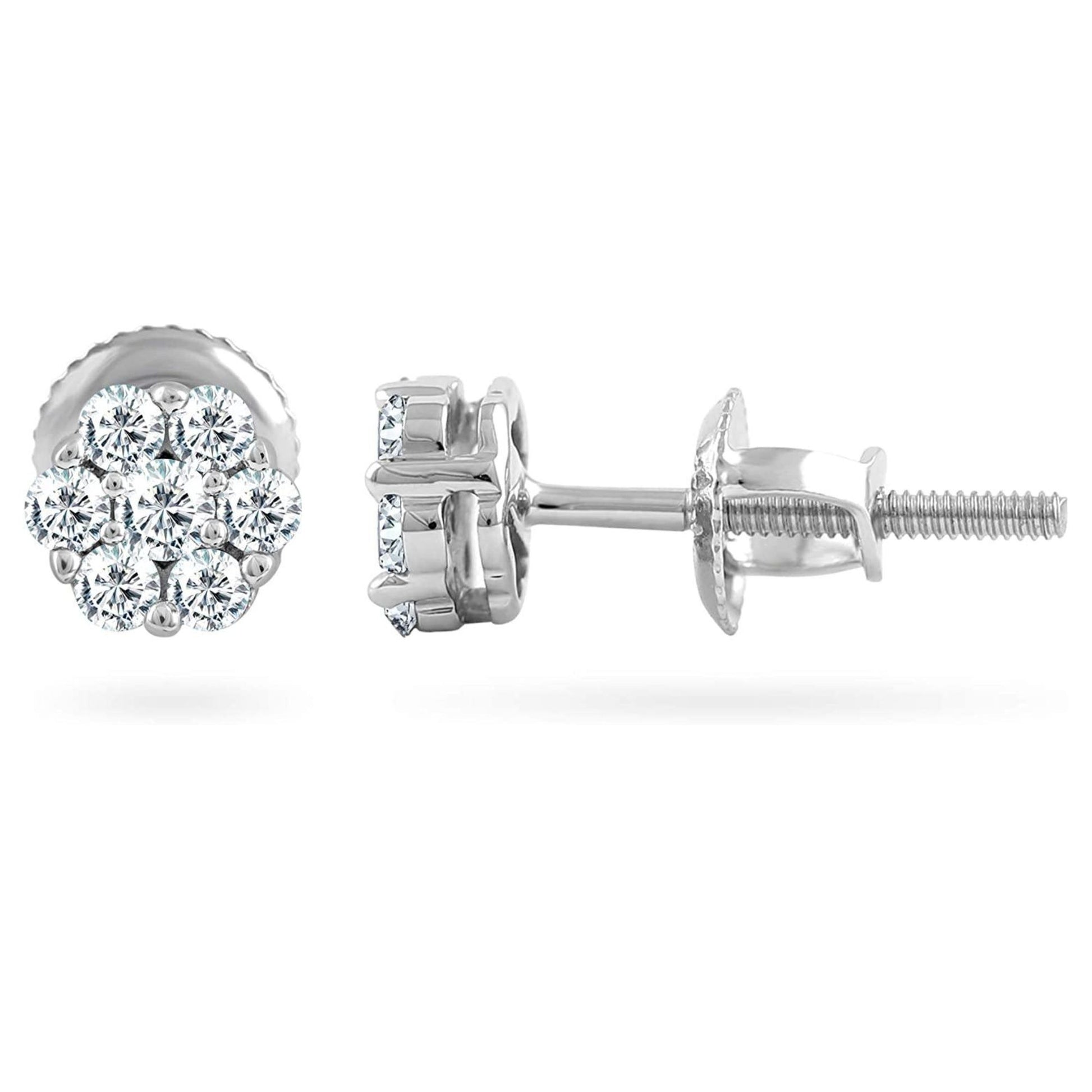 0.23 Carat Diamond Flower Cluster Stud Earrings In 14K White Gold (0.23 Ctw, I-J Color, I2-I3 Clarity) Prongs-Setting, Screw-Back Clasps