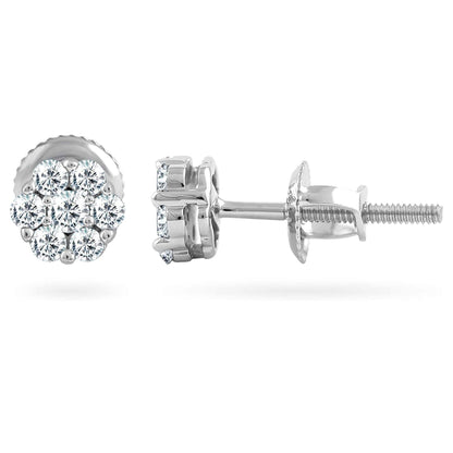 0.23 Carat Diamond Flower Cluster Stud Earrings In 14K White Gold (0.23 Ctw, I-J Color, I2-I3 Clarity) Prongs-Setting, Screw-Back Clasps