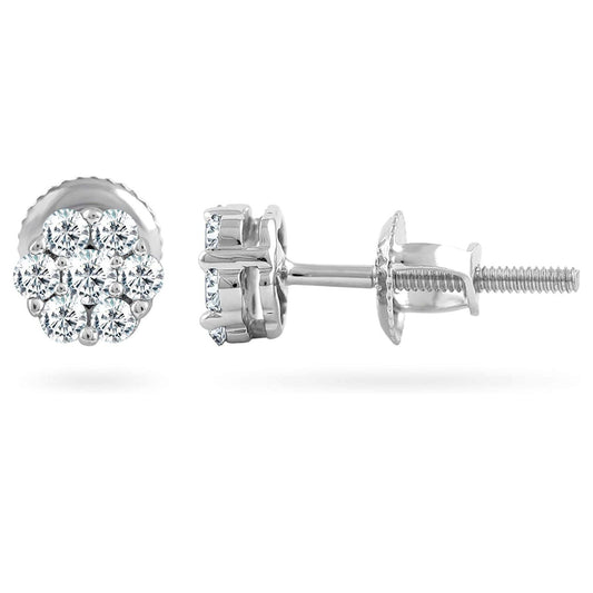 0.23 Carat Diamond Flower Cluster Stud Earrings In 14K White Gold (0.23 Ctw, I-J Color, I2-I3 Clarity) Prongs-Setting, Screw-Back Clasps