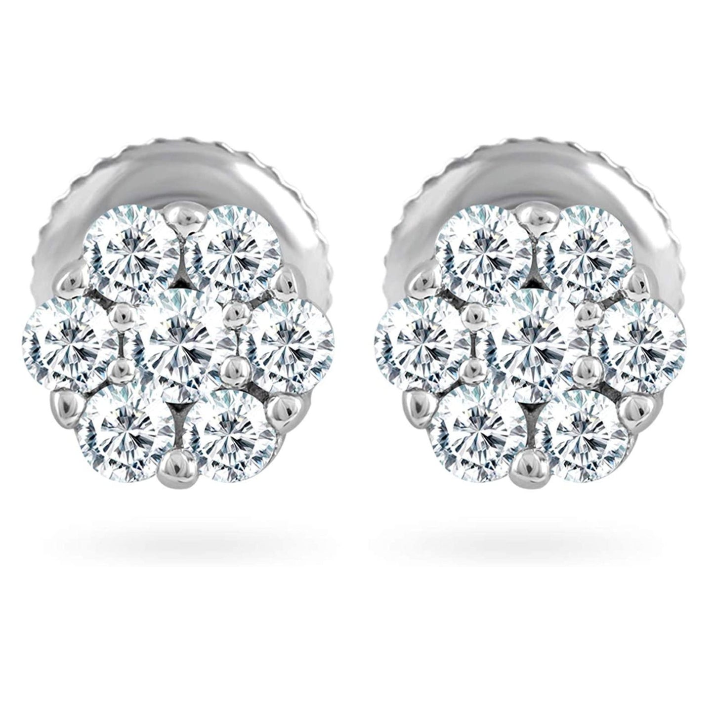 Front view of 0.23 Carat Diamond Flower Cluster Stud Earrings In 14K White Gold (0.23 Ctw, I-J Color, I2-I3 Clarity) Prongs-Setting, Screw-Back Clasps