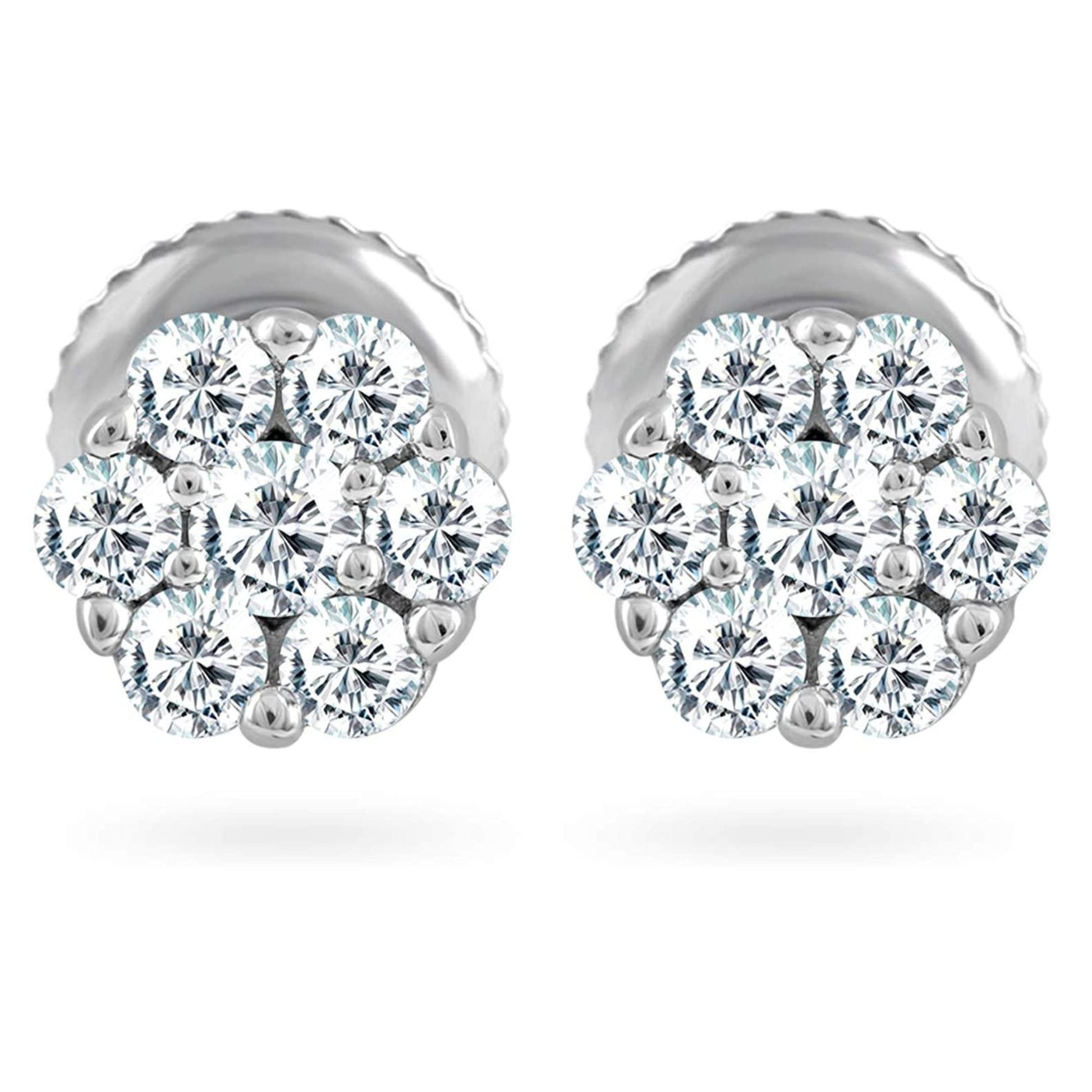 Front view of 0.23 Carat Diamond Flower Cluster Stud Earrings In 14K White Gold (0.23 Ctw, I-J Color, I2-I3 Clarity) Prongs-Setting, Screw-Back Clasps