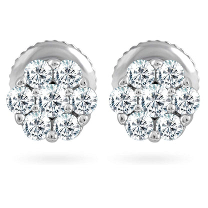 Front view of 0.23 Carat Diamond Flower Cluster Stud Earrings In 14K White Gold (0.23 Ctw, I-J Color, I2-I3 Clarity) Prongs-Setting, Screw-Back Clasps