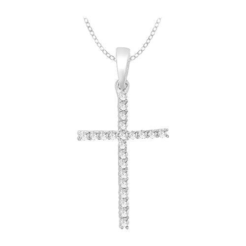 EternalDia 10k White Gold Round Diamond Cross Pendant (0.12cttw, IJ, I2-I3) 18" - EternalDia