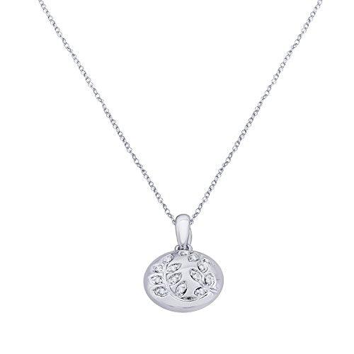 EternalDia IGI Certified Diamond Accent Vine Leaf Engraved Circle Disc Pendant Necklace in 10K White Gold (0.04 Ct) - EternalDia