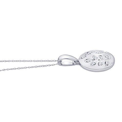 EternalDia IGI Certified Diamond Accent Vine Leaf Engraved Circle Disc Pendant Necklace in 10K White Gold (0.04 Ct) - EternalDia