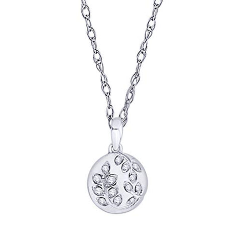 EternalDia IGI Certified Diamond Accent Vine Leaf Engraved Circle Disc Pendant Necklace in 10K White Gold (0.04 Ct) - EternalDia