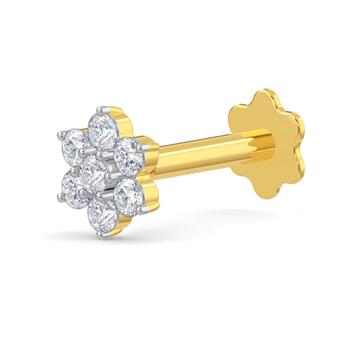 EternalDia Diamond Flower Nose Piercing Pin Screw Ring Stud 4.25mm 14k Yellow Gold 18 &19 Gauge (G-H Color/I1-I2Clarity)
