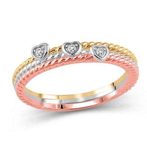 Diamond Accent Rope-Textured Heart Stackable Three Ring Set in 10K Tri-Tone Gold (IJ/12-13)