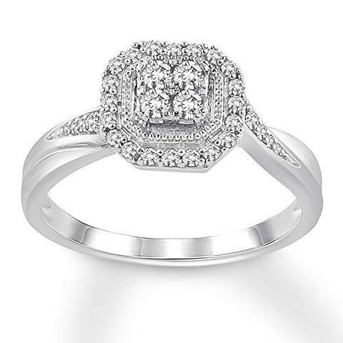 0.25 Cttw Round Diamond Hexagon Halo Engagement Ring In 10K Solid White Gold for Women (I/I3)