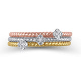 10K Tri-Tone Gold Diamond Accent Rope-Textured Flower Stackable Three Ring Set (IJ/12-13)
