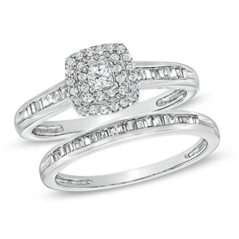 1/2 Cttw Princess-Cut White Natural Diamond Double Frame Bridal Set in 10K Solid White Gold