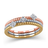 10K Tri-Tone Gold Diamond Accent Rope-Textured Flower Stackable Three Ring Set (IJ/12-13)