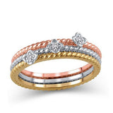 10K Tri-Tone Gold Diamond Accent Rope-Textured Flower Stackable Three Ring Set (IJ/12-13)