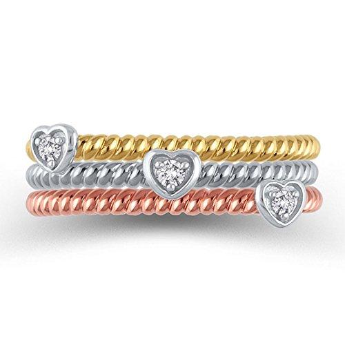 Diamond Accent Rope-Textured Heart Stackable Three Ring Set in 10K Tri-Tone Gold (IJ/12-13)