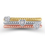 Diamond Accent Rope-Textured Heart Stackable Three Ring Set in 10K Tri-Tone Gold (IJ/12-13)