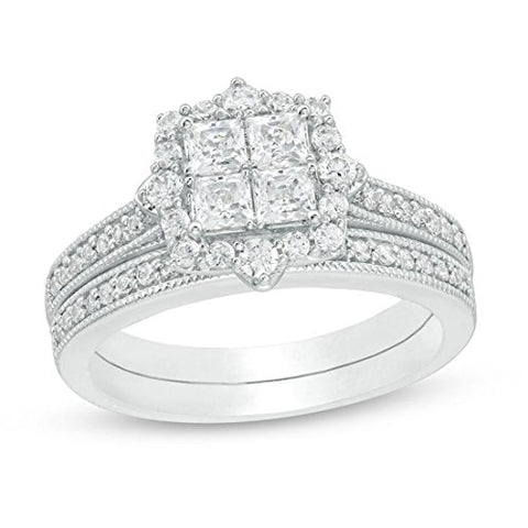 1 Cttw Princess-Cut Quad Diamond Frame Vintage-Style Engagement Wedding Ring Bridal Set in 10K White Gold (IJ/12)