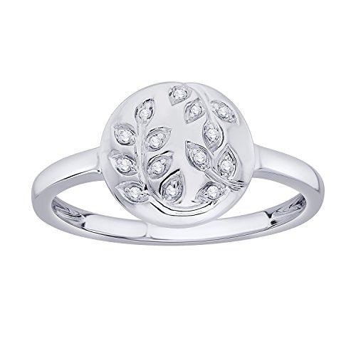 EternalDia IGI Certified Diamond Accent Vine Leaf Engraved Circle Disc Fashion Ring in 10K White Gold (0.04 Cttw) - EternalDia