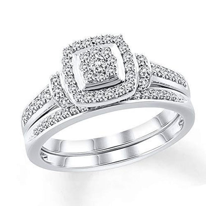0.50 Cttw Round Diamond Halo Frame Wedding Bridal Ring Set In 10k White Gold (I/I3)